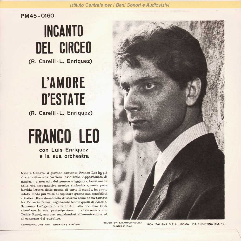 L'Amore d'Estate. Franco Leo. Musica di Luis Bacalov Testo di Rodolfo Carelli